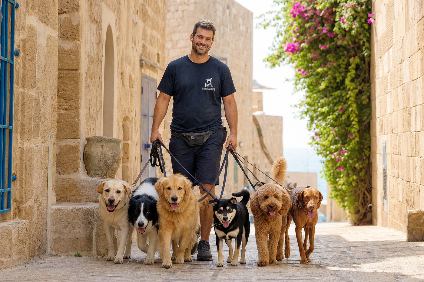 DogWalk Jaffa walker with leashed dogs in Old Jaffa alley