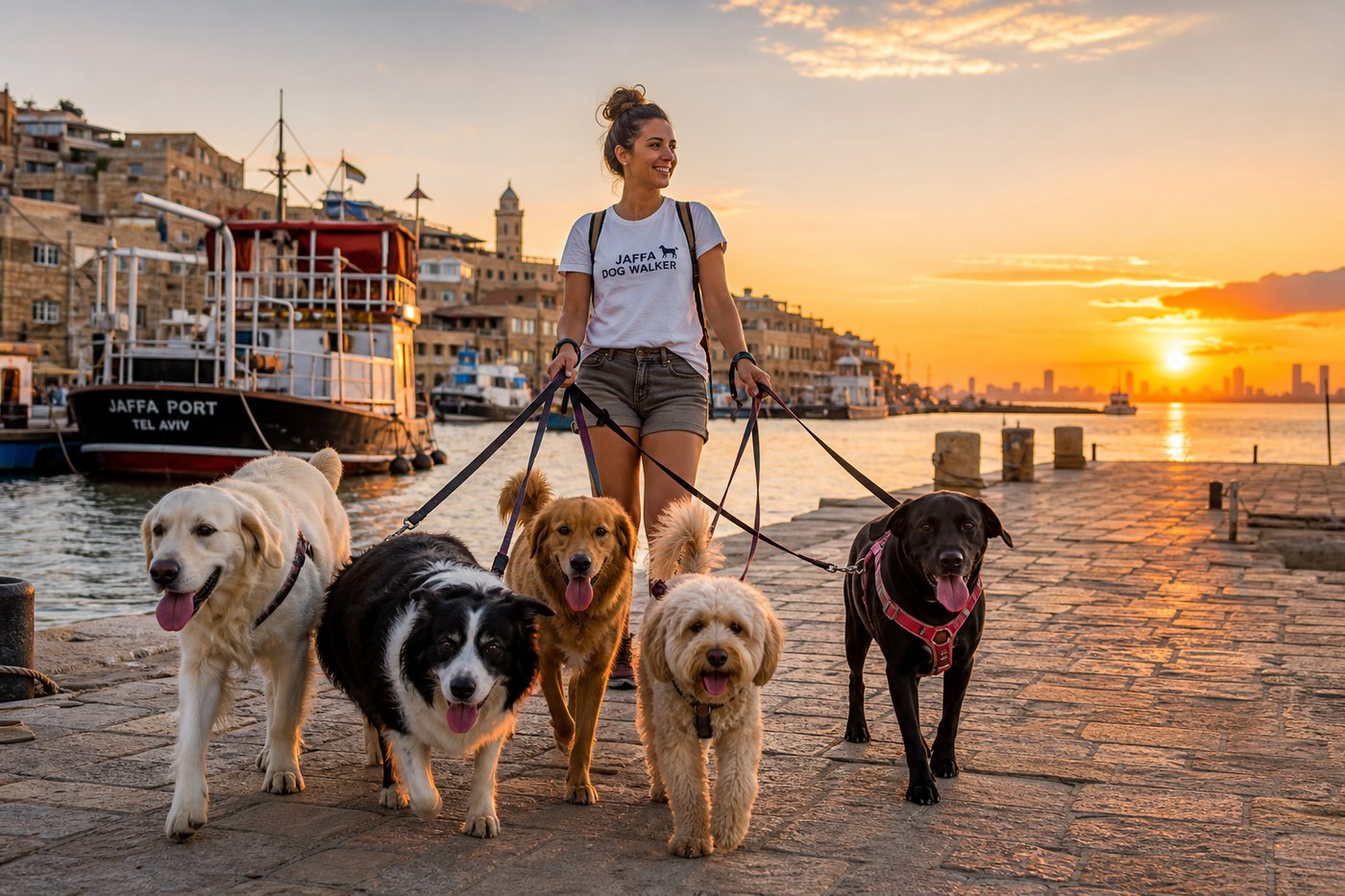 Happy dogs and walker on Jaffa port at golden hour